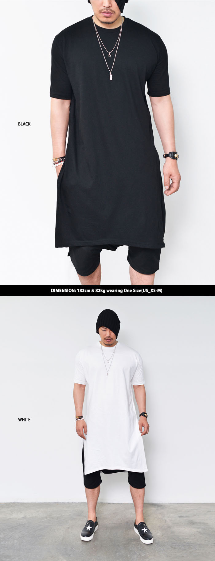 Avantgarde Edge Mens Side Slit Super Long Black White Tie Up Tshirt