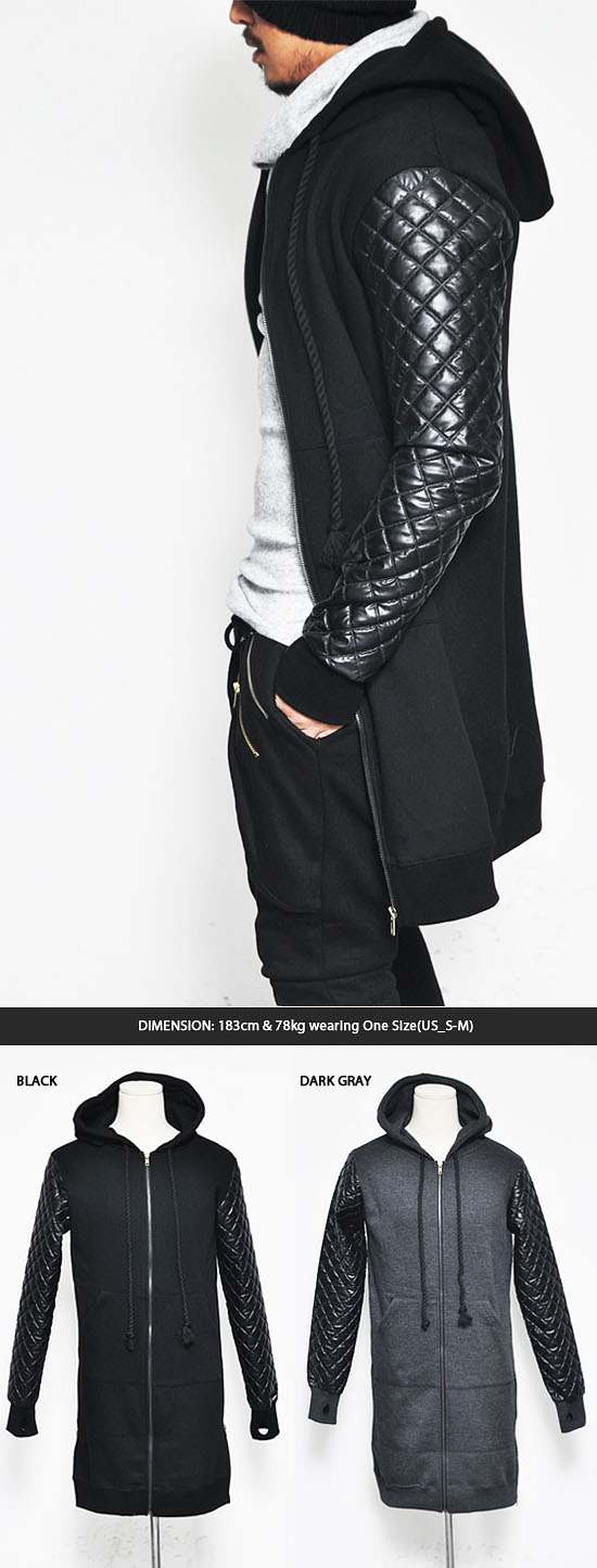 Builtin Warmer Quilt Faux Leather Sleeve Mens Zip Up Long Jacket