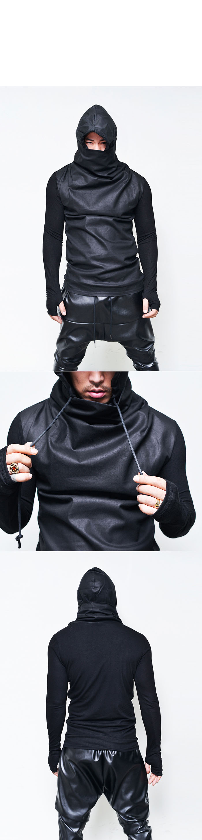 Ninja Mask Turtleneck Faux Leather Hood Mens Black Warmer Sweat Hoodie Guylook | eBay