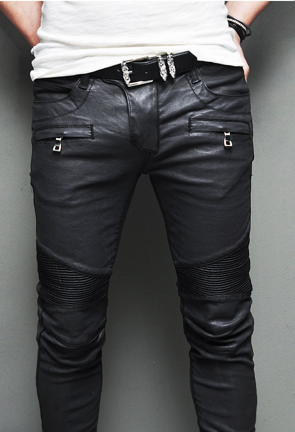 coated biker jeans