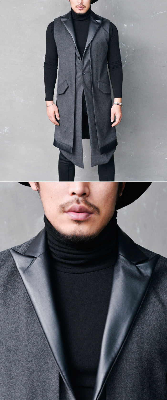 Dark Edge Doublelayer Mens Faux Leather Peaked Lapel Long Vest Jacket