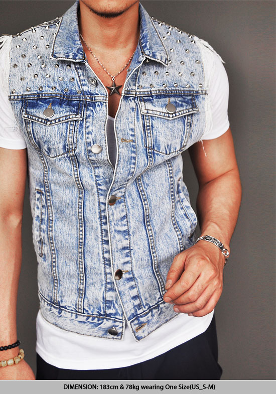 100 Cotton Denim Mens Badass Funky Vintage Slim Stud Cutoff Vest by